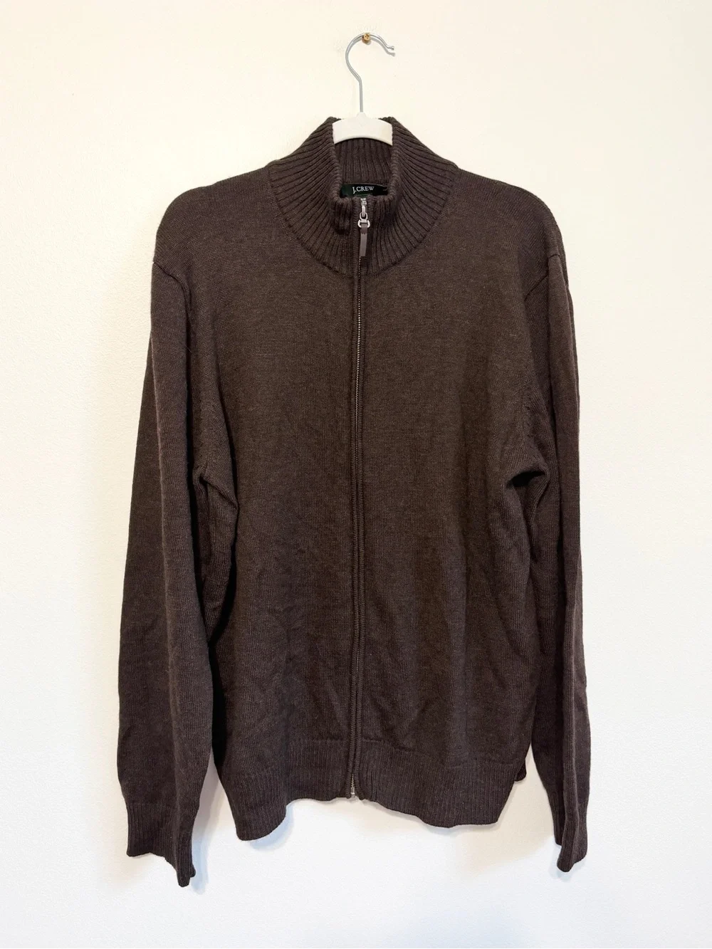 J CREW Mens Sweater Full Zip 100% Merino Wool Brown Casual Preppy LARGE